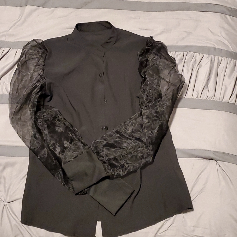 Black button down blouse with sheer puff sleeves
